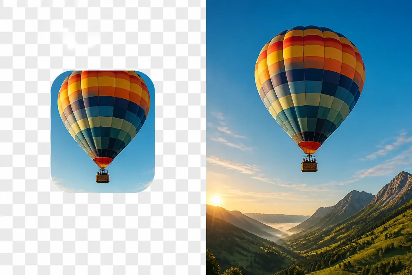 AI Image Extender Powered by AI Photo Editor expanding a cropped hot-air balloon photo