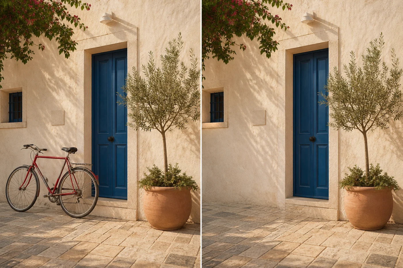 ai photo editor erase bicycle object from photo before and after