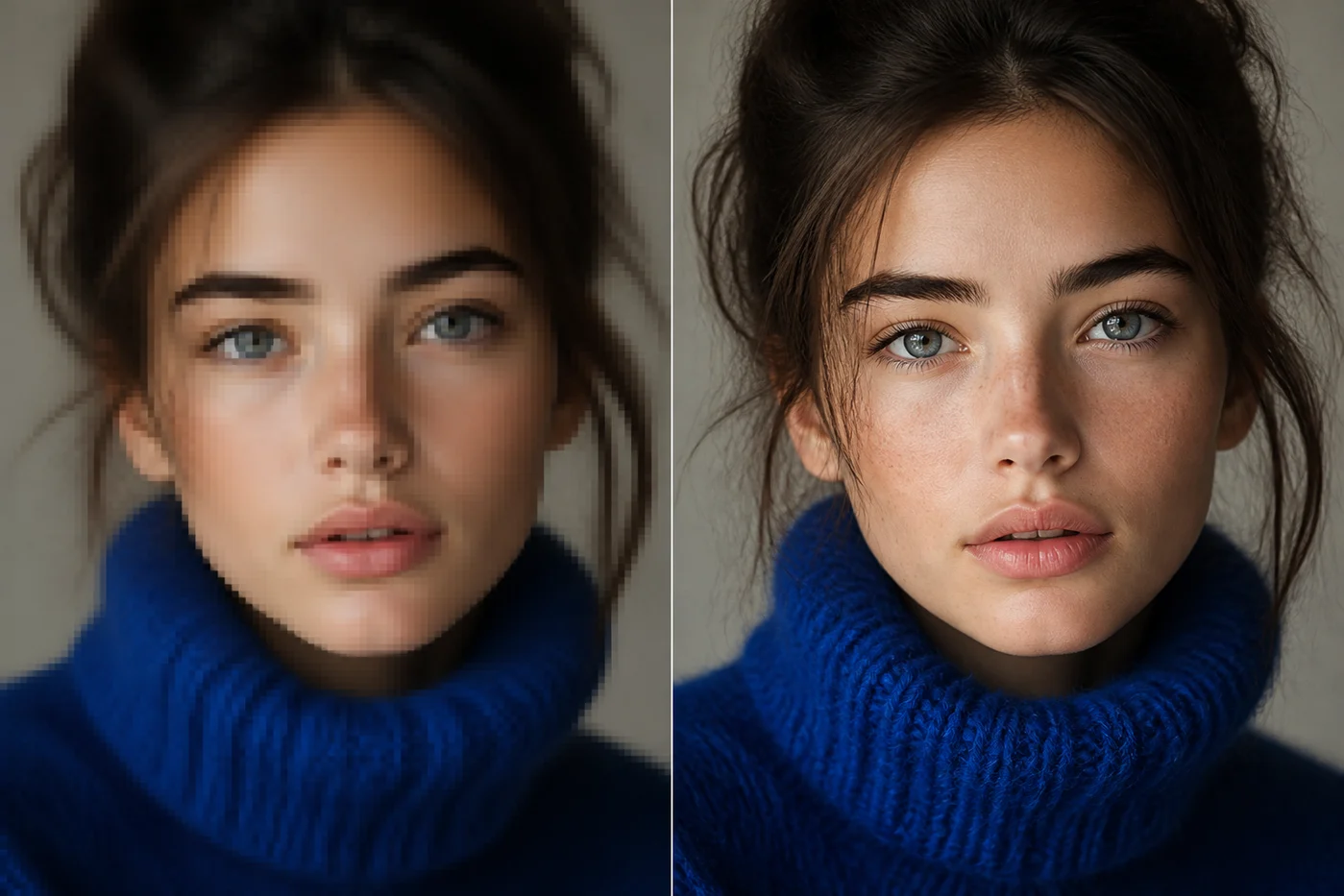 ai photo editor upscale portrait image to 4K before and after